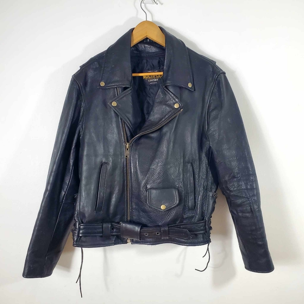 Vintage 90s Motorcycle Biker Jacket Zippers Genuine Leather Belt Black S